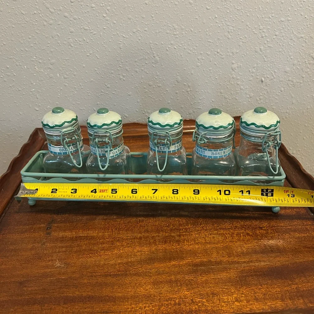 Vintage Aqua Ceramic-Top Spice Jar Set with Carrier